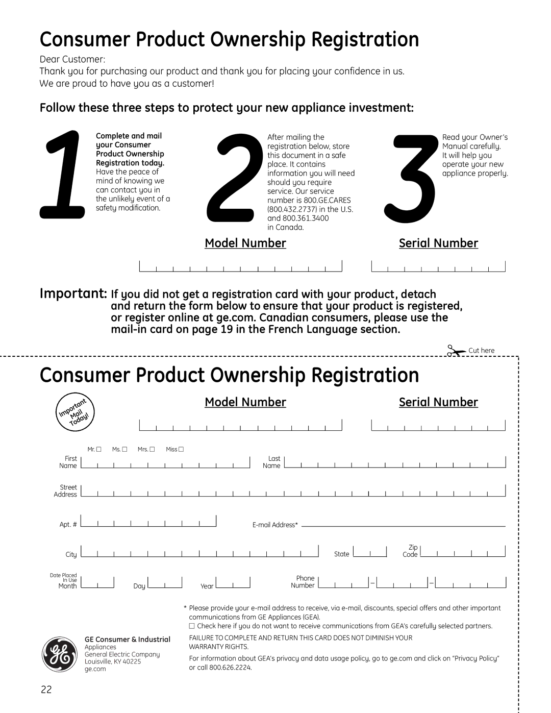 GE CDW9000 Series, GLD8000 Series manual Consumer Product Ownership Registration, 3Serial Number 