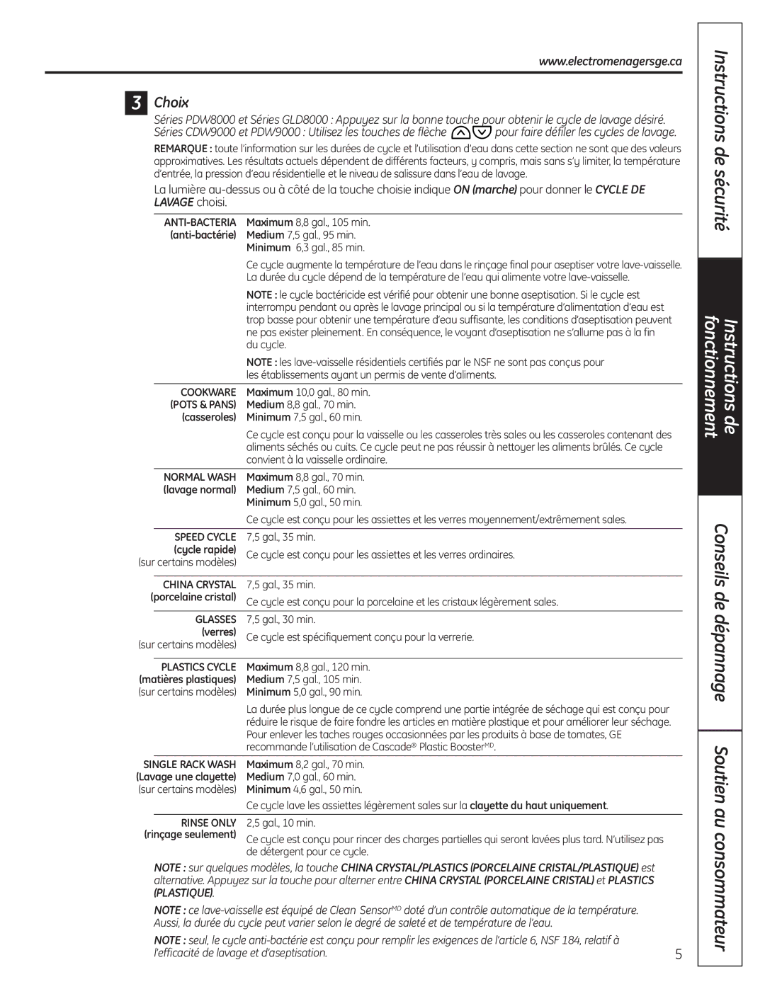 GE GLD8000 Series, CDW9000 Series manual Conseils de dépannage Soutien au consommateur, Choix 