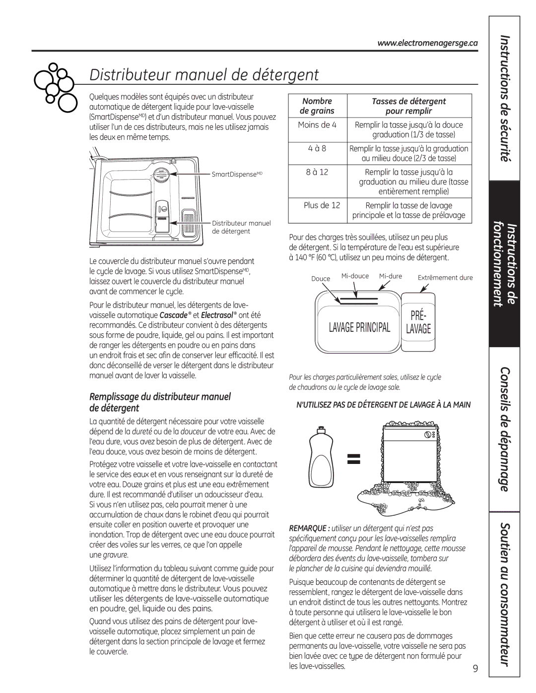 GE GLD8000 Series manual Distributeur manuel de détergent, De sécurité, De dépannage Soutien au consommateur, Instructions 