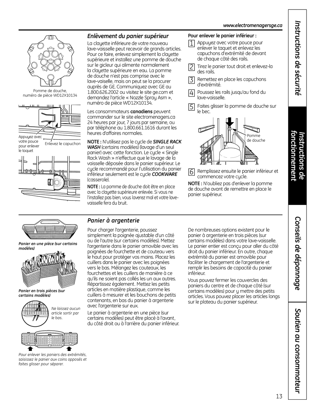 GE GLD8000 Series, CDW9000 Series manual Consommateur, Enlèvement du panier supérieur, Panier à argenterie 