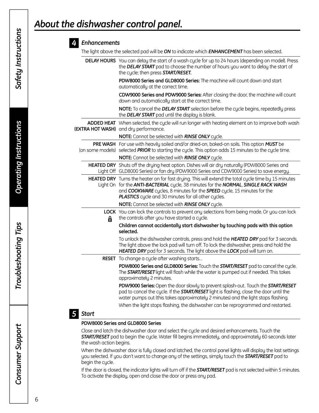 GE CDW9000 Series manual Enhancements, Start, PDW8000 Series and GLD8000 Series 