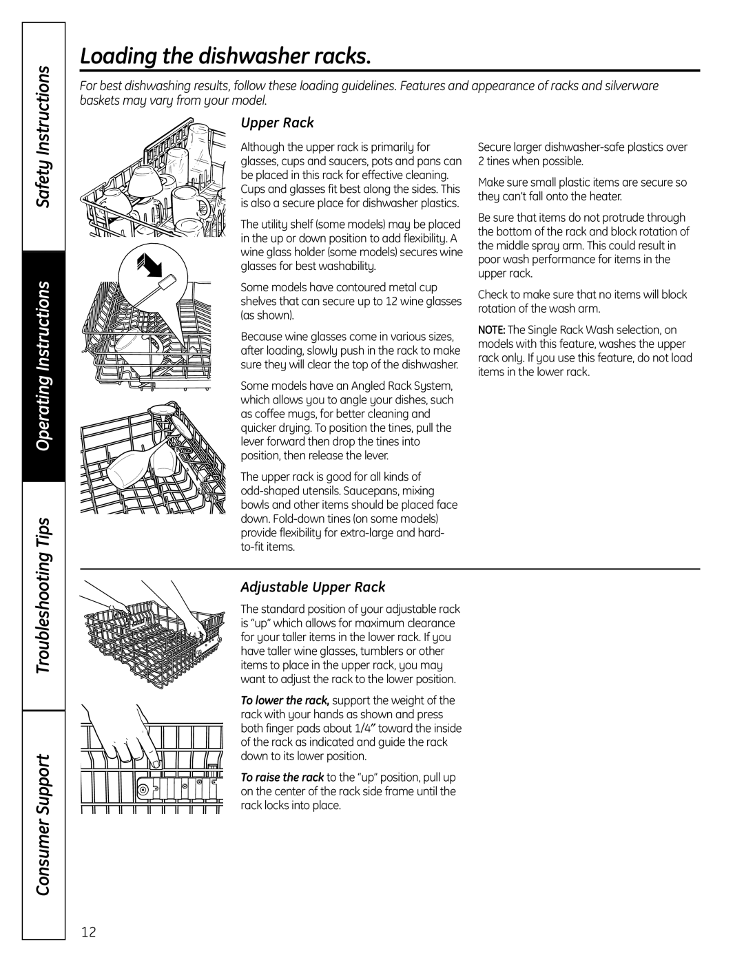 GE CDW9000 Series, PDW9000 Series, PDW8000 Series owner manual Loading the dishwasher racks, Adjustable Upper Rack 