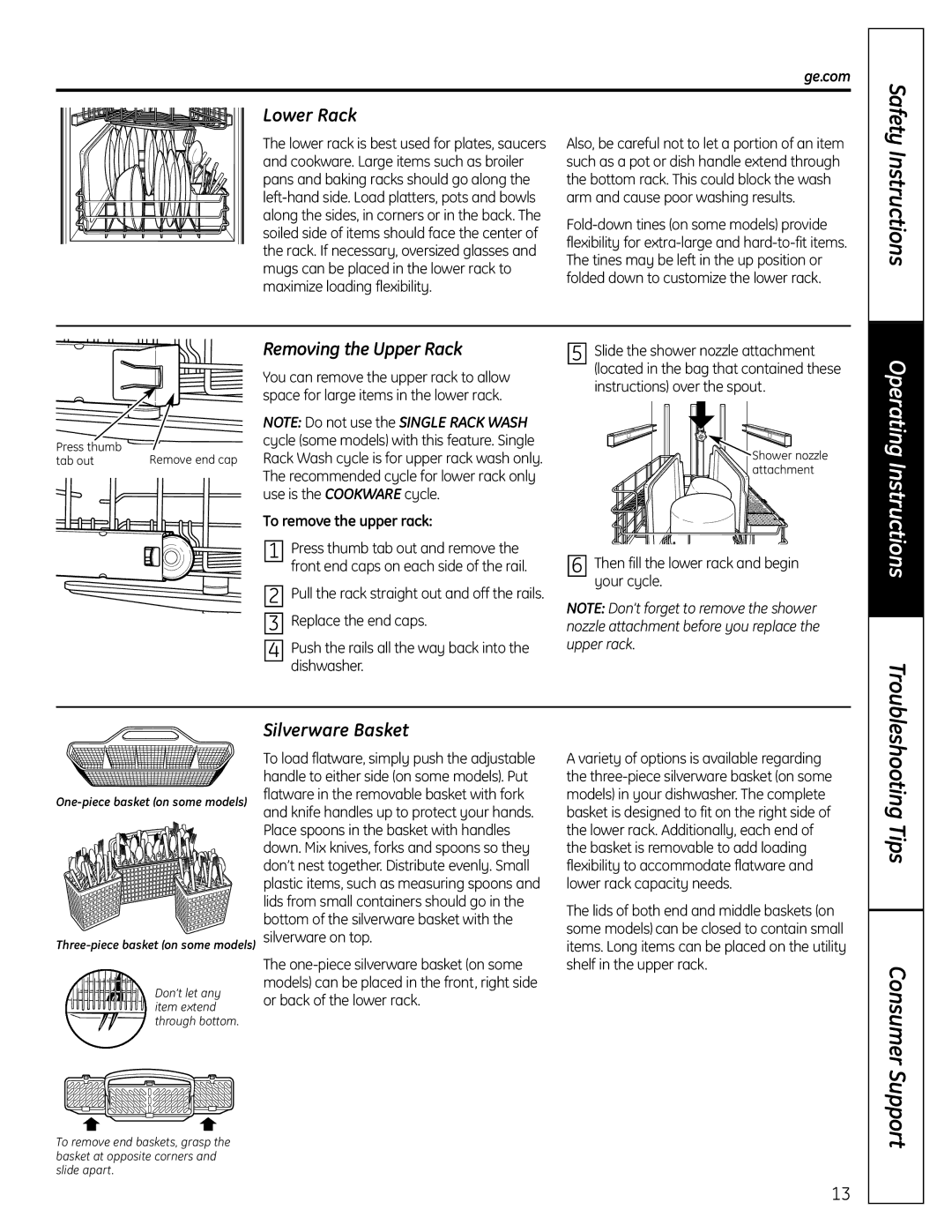 GE CDW9000 Series, PDW9000 Series, PDW8000 Series owner manual Lower Rack, Removing the Upper Rack, Silverware Basket 