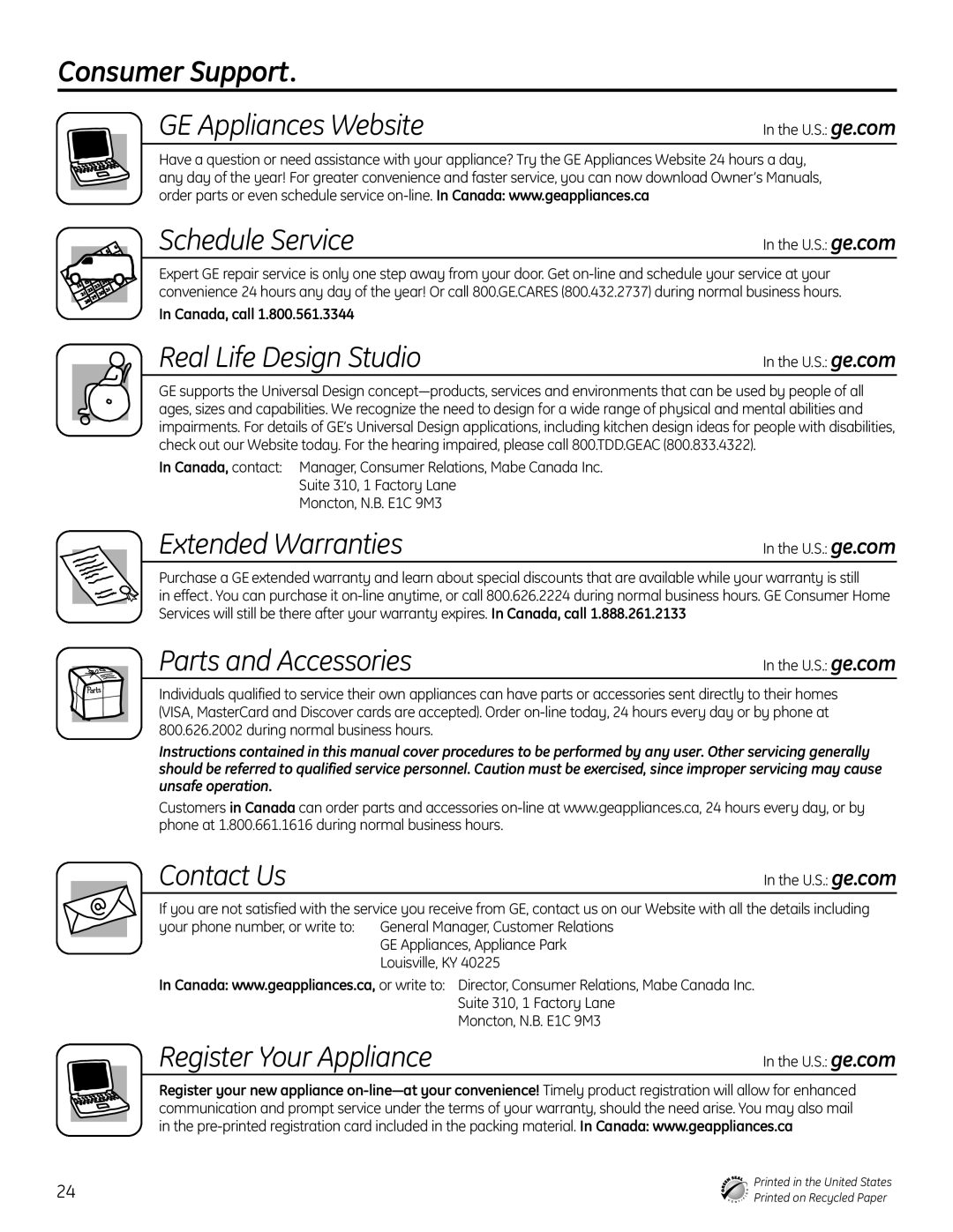 GE CDW9000 Series, PDW9000 Series, PDW8000 Series owner manual Consumer Support 