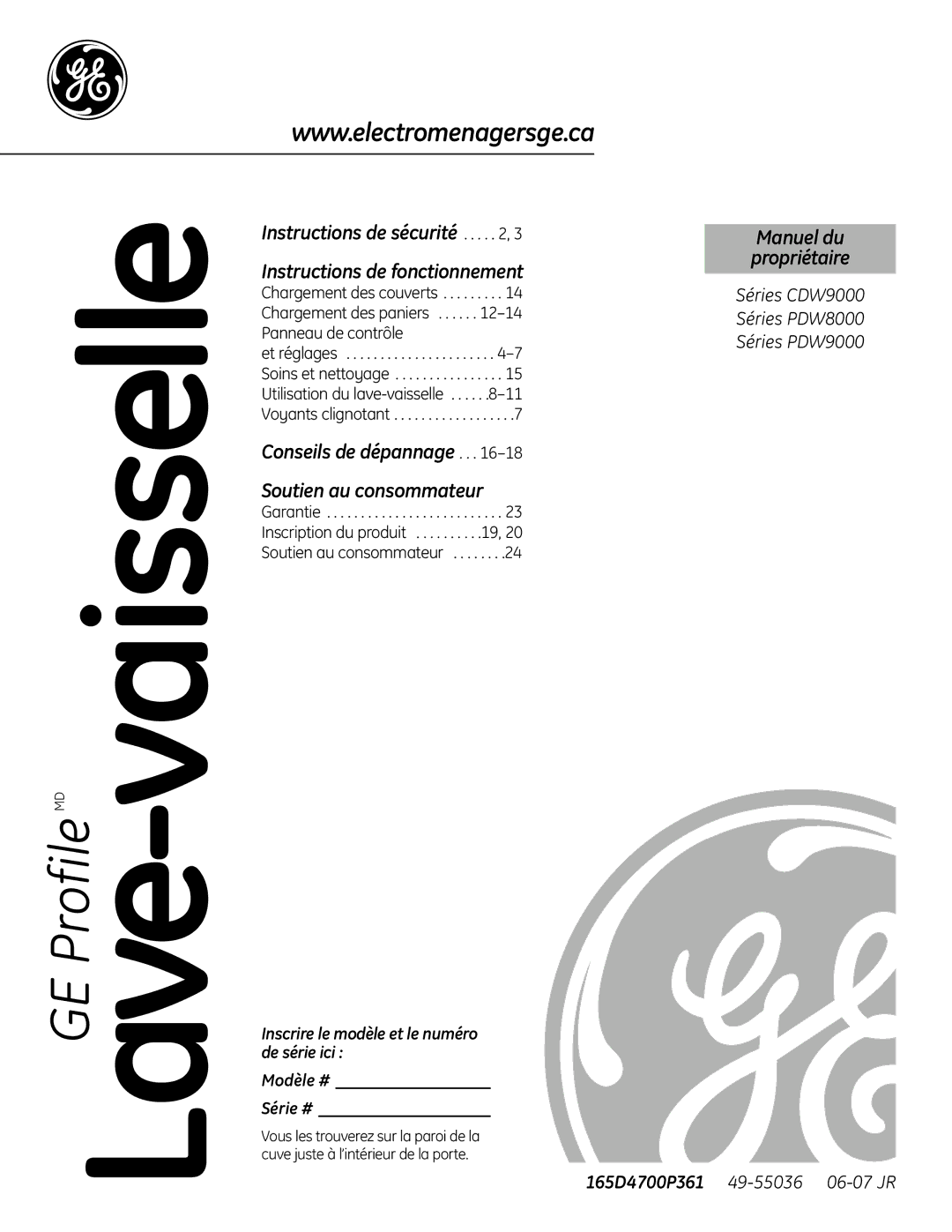 GE CDW9000 Series, PDW9000 Series, PDW8000 Series owner manual LaveGE Profile-MDvaisselle 