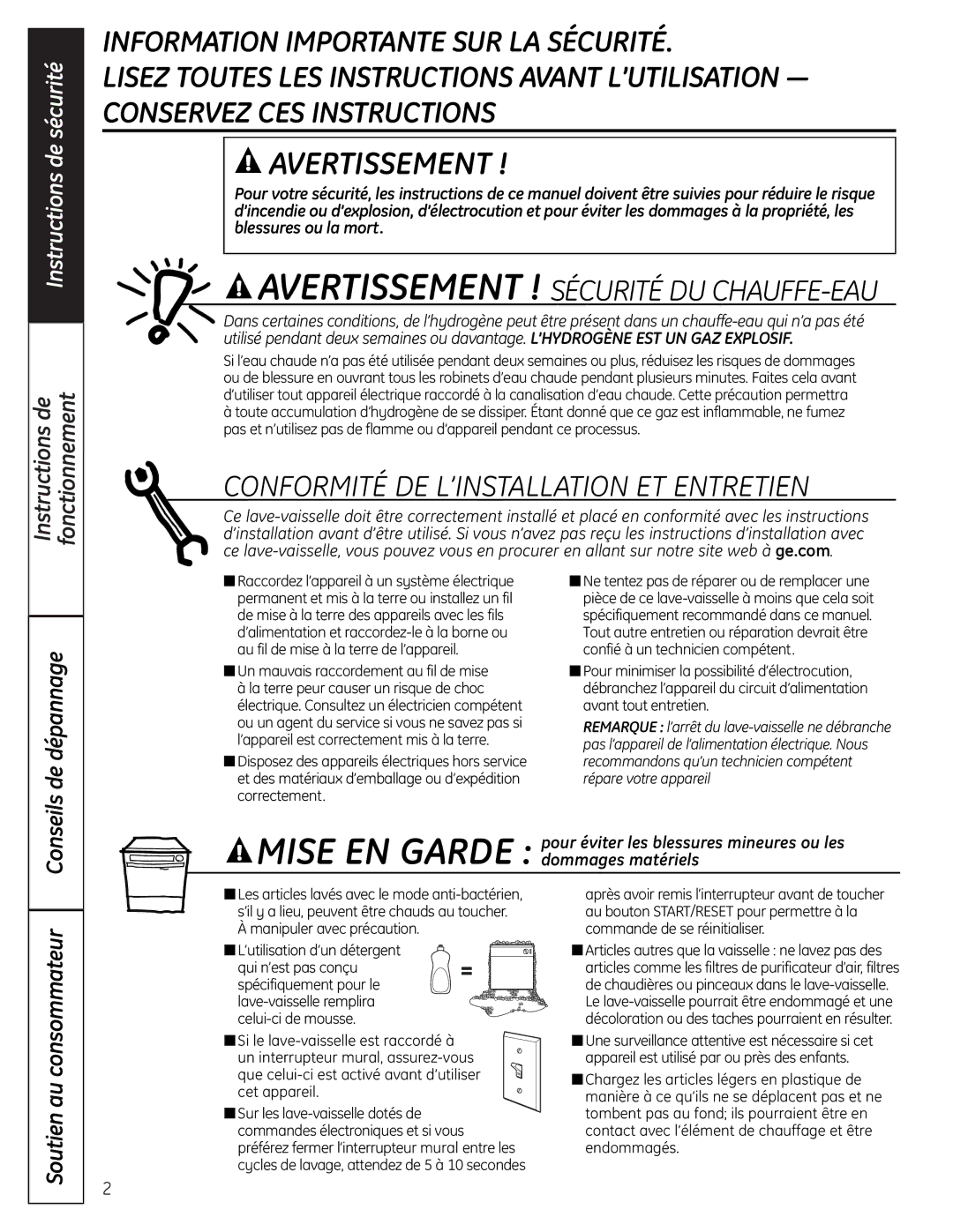 GE CDW9000 Series, PDW9000 Series, PDW8000 Series owner manual Instructions de Fonctionnement, Conseils de dépannage 