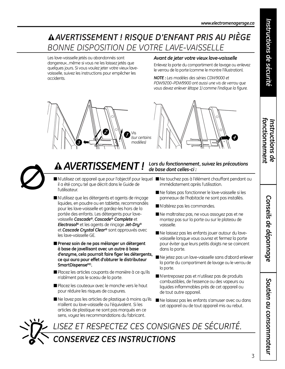 GE CDW9000 Series, PDW9000 Series, PDW8000 Series Fonctionnement Instructions de, Conseils de dépannage Soutien au 