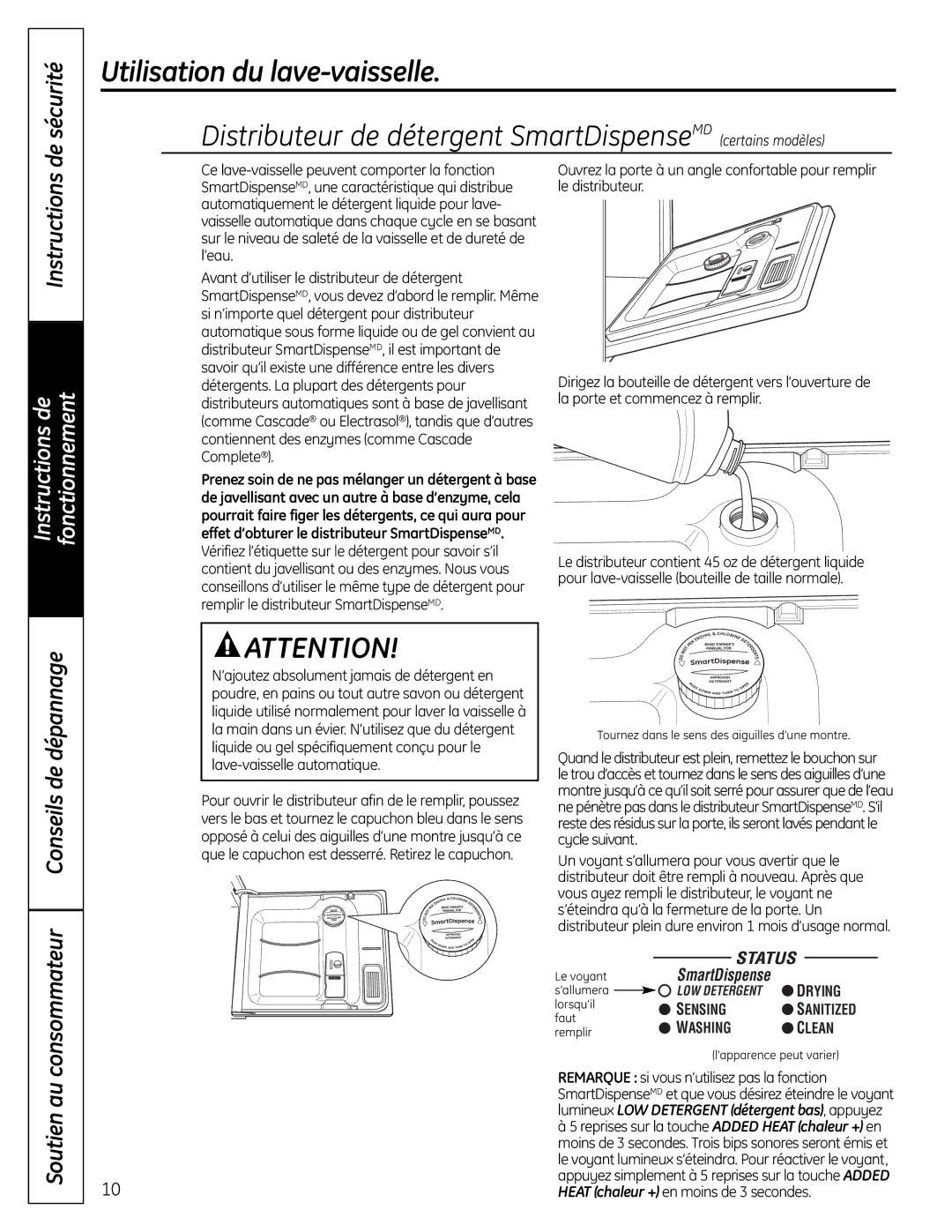 GE CDW9000 Series, PDW9000 Series, PDW8000 Series Distributeur de détergent SmartDispenseMD certains modèles, Instructions 