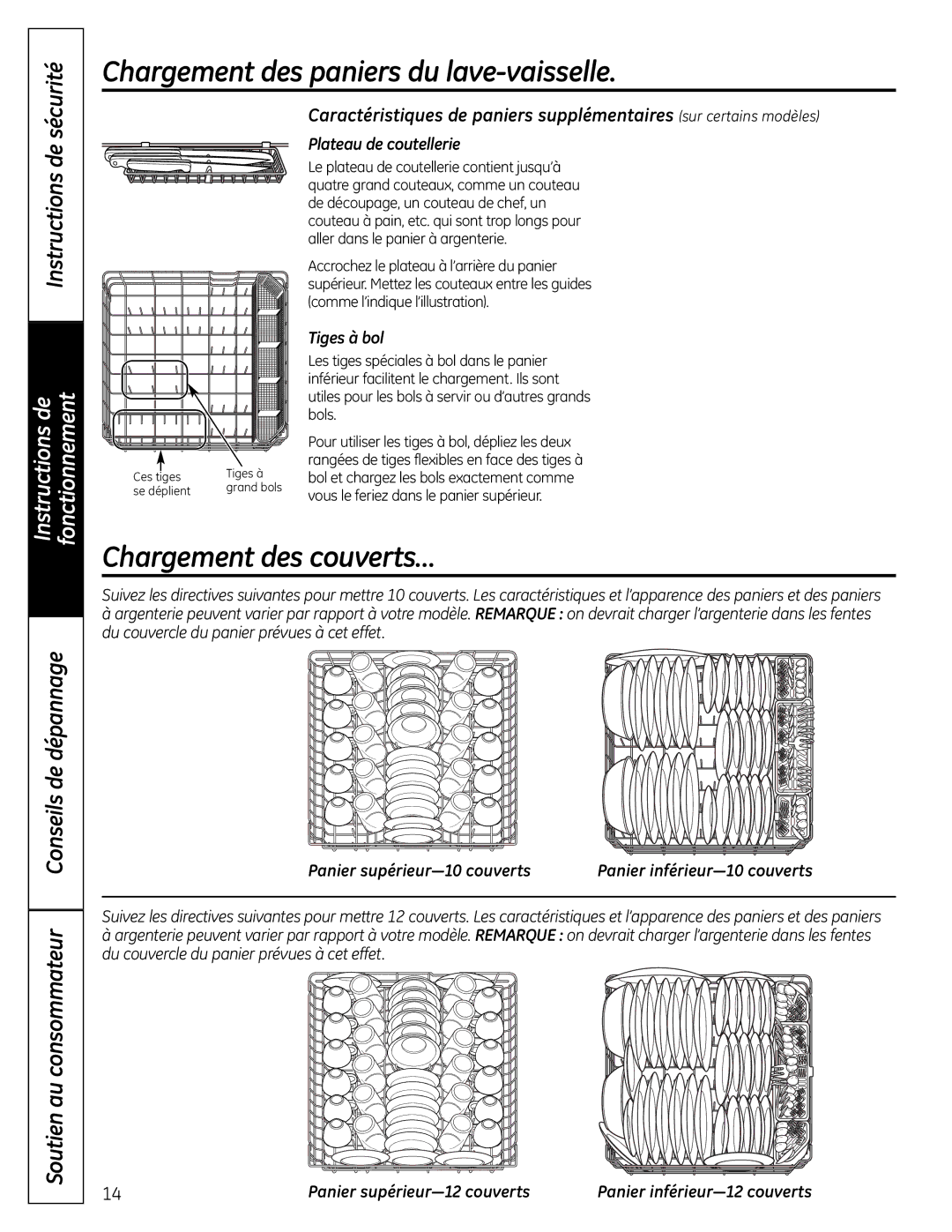 GE CDW9000 Series, PDW9000 Series, PDW8000 Series Chargement des paniers du lave-vaisselle, Chargement des couverts… 