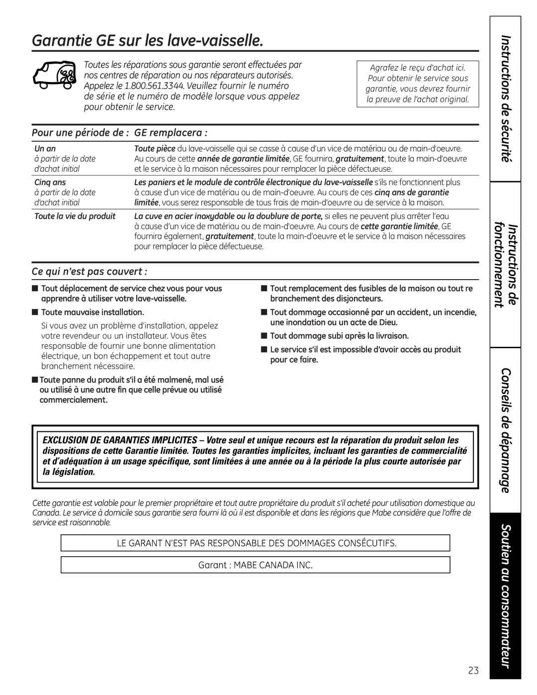 GE CDW9000 Series, PDW9000 Series, PDW8000 Series owner manual Garantie GE sur les lave-vaisselle, Conseils de 