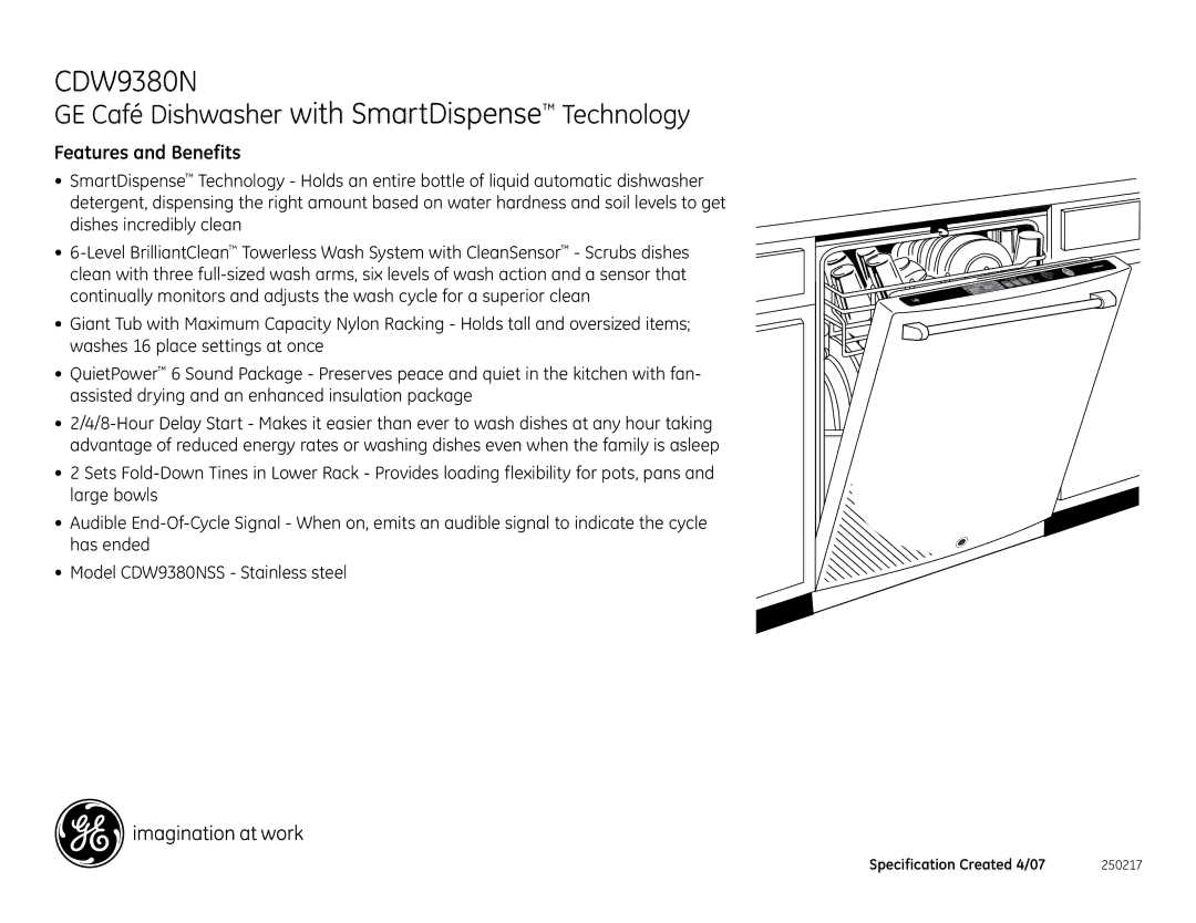 GE CDW9380NSS dimensions Features and Benefits 