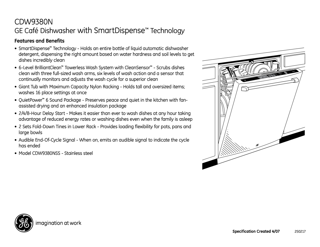 GE CDW9380NSS dimensions GE Café Dishwasher with SmartDispense Technology, Features and Benefits 