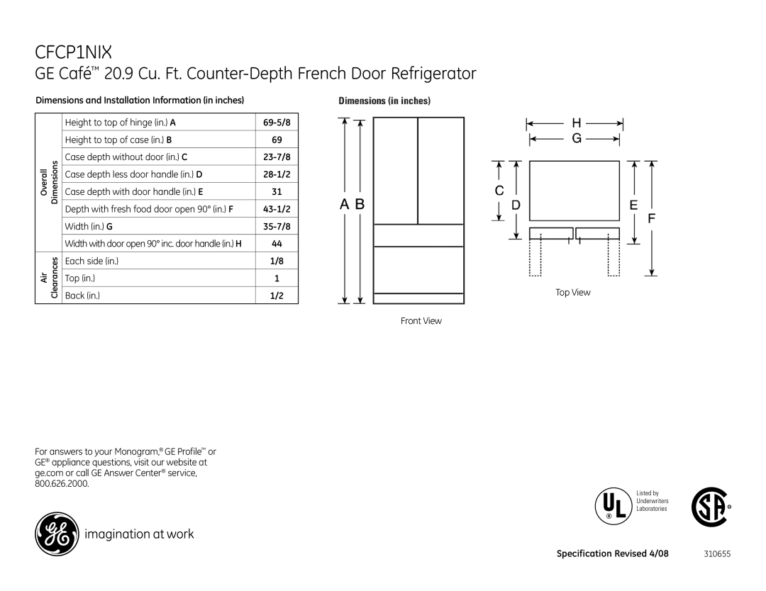 GE CFCP1NIX dimensions GE Café 20.9 Cu. Ft. Counter-Depth French Door Refrigerator 