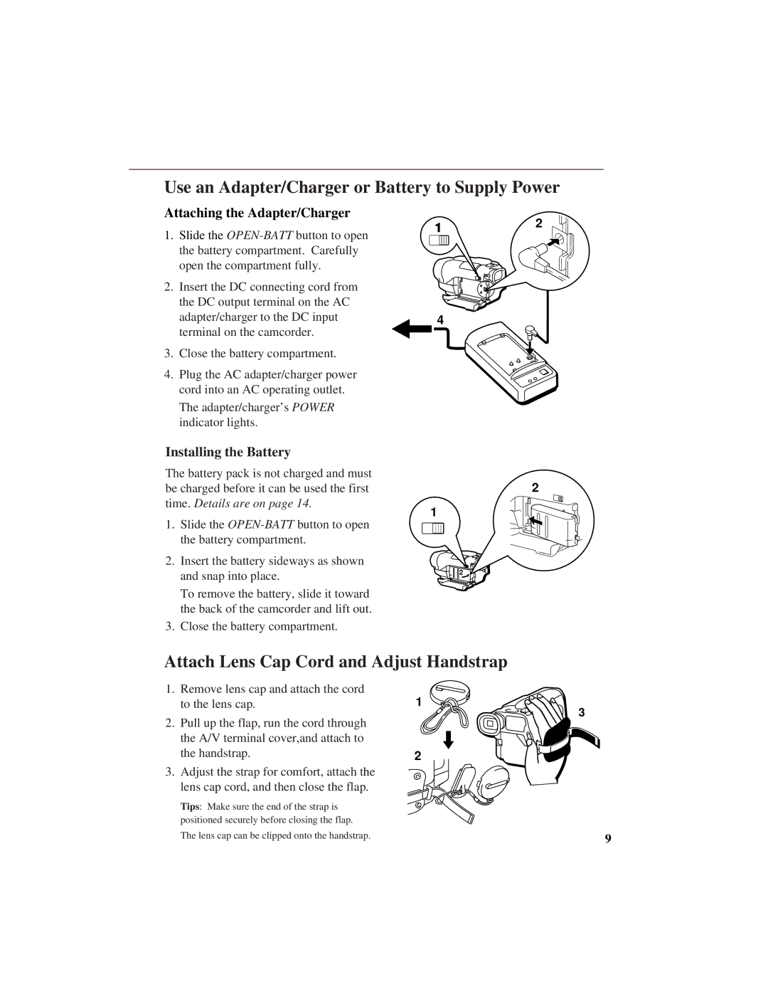 GE CG400 manual Use an Adapter/Charger or Battery to Supply Power, Attach Lens Cap Cord and Adjust Handstrap 