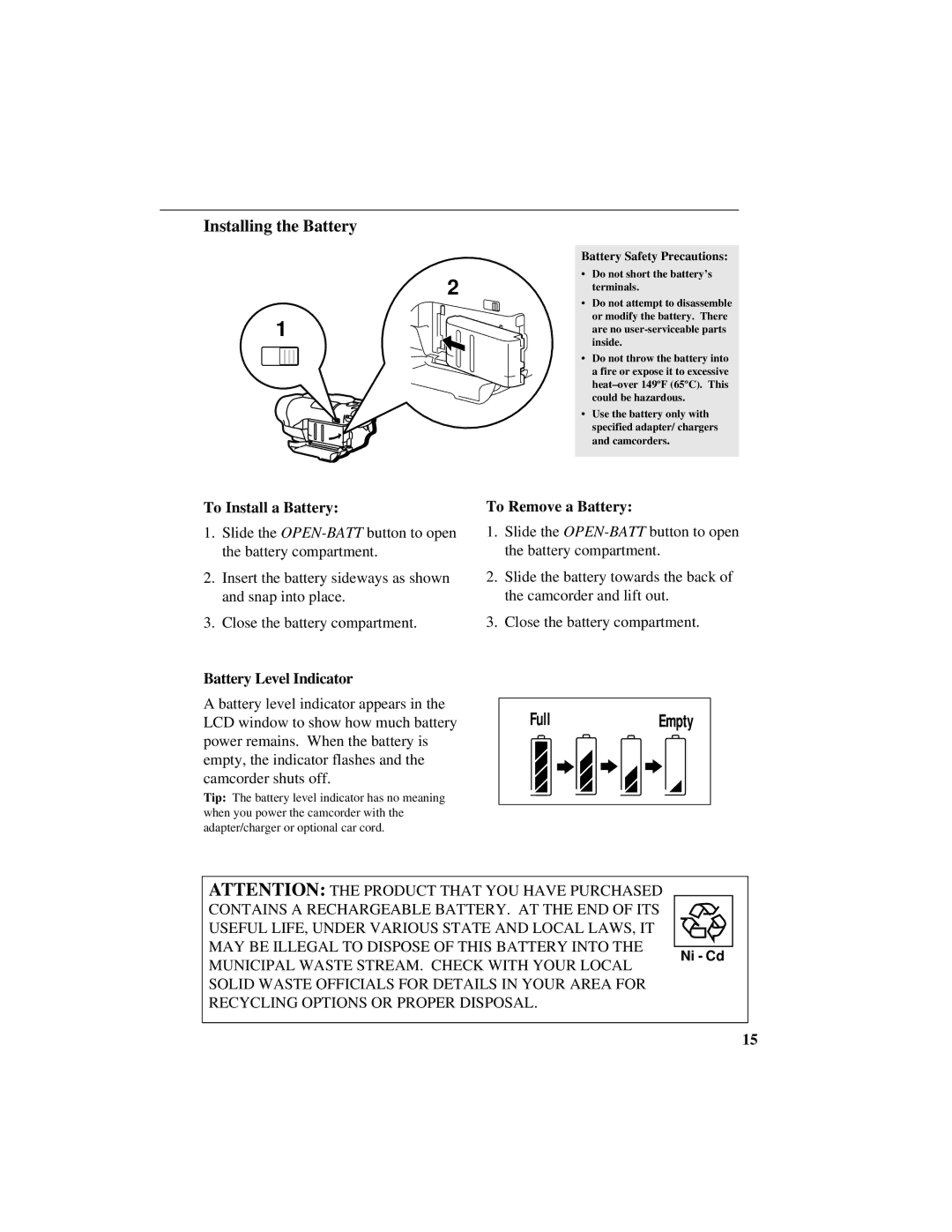 GE CG400 manual To Install a Battery, To Remove a Battery, Battery Level Indicator 