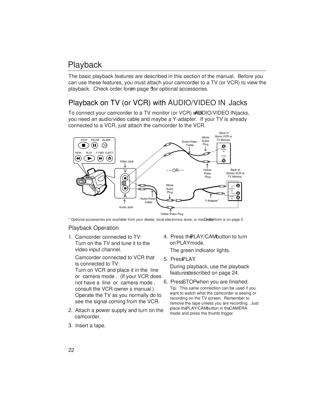 GE CG400 manual Playback on TV or VCR with AUDIO/VIDEO in Jacks, Playback Operation 