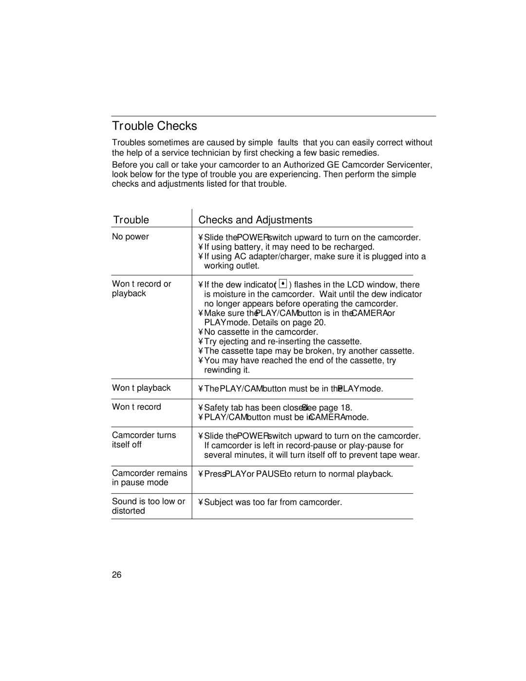 GE CG400 manual Trouble Checks and Adjustments 