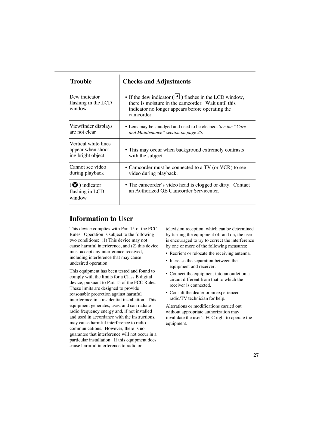 GE CG400 manual Information to User 