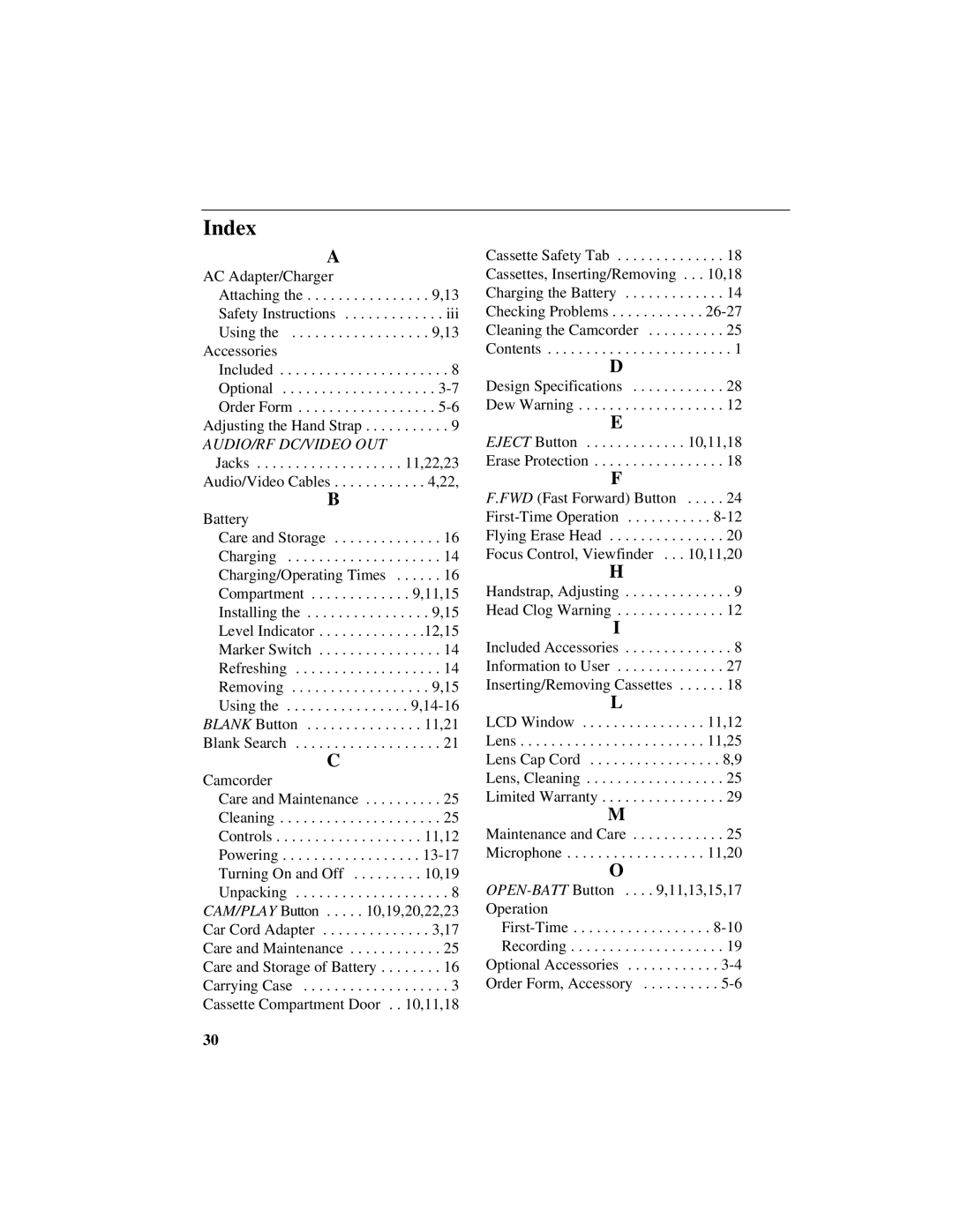 GE CG400 manual Index, Audio/Rf Dc/Video Out 