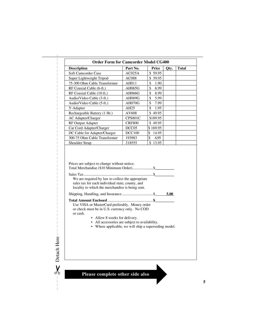 GE manual Order Form for Camcorder Model CG400, Description Price Qty Total 