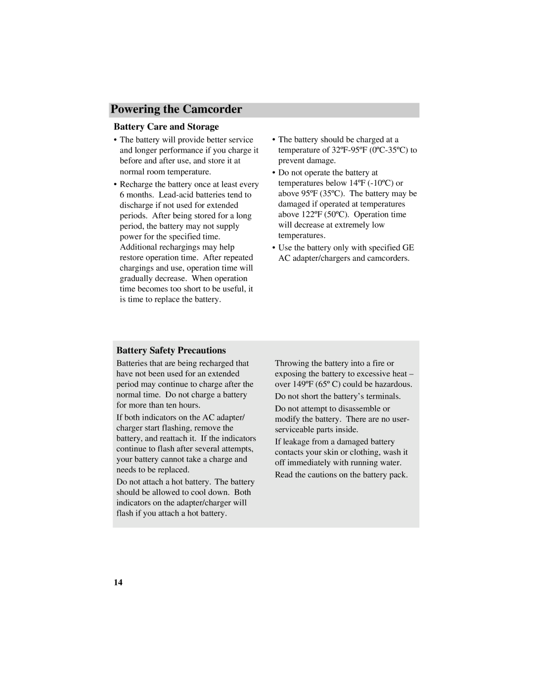 GE CG709 manual Battery Care and Storage, Battery Safety Precautions 