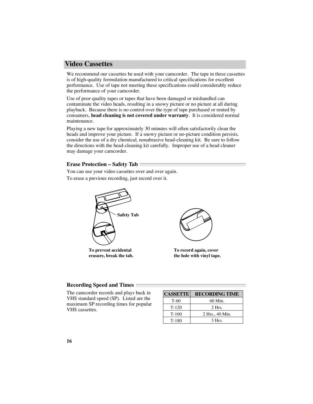 GE CG709 manual Video Cassettes, Erase Protection Safety Tab, Recording Speed and Times 