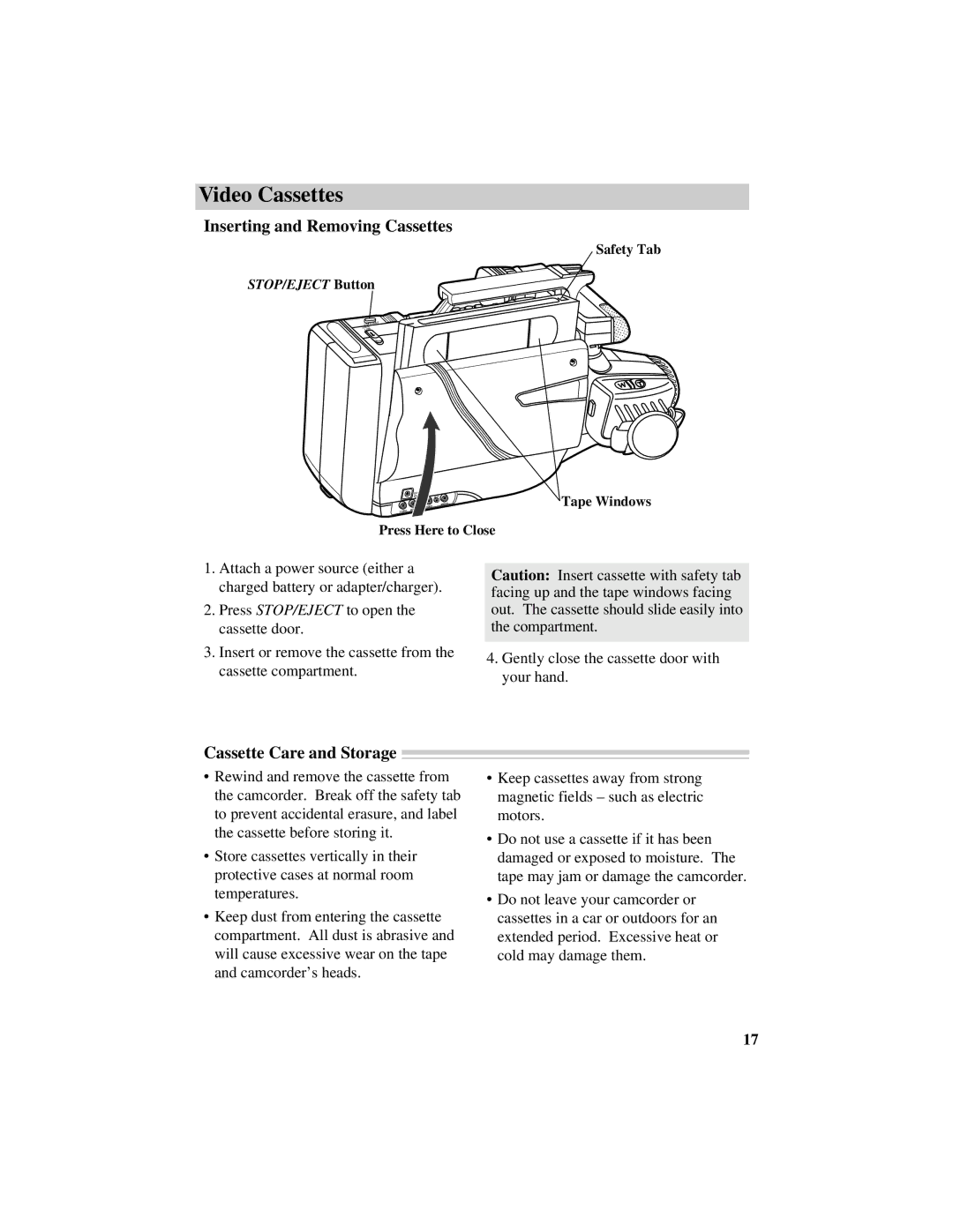 GE CG709 manual Inserting and Removing Cassettes, Cassette Care and Storage 