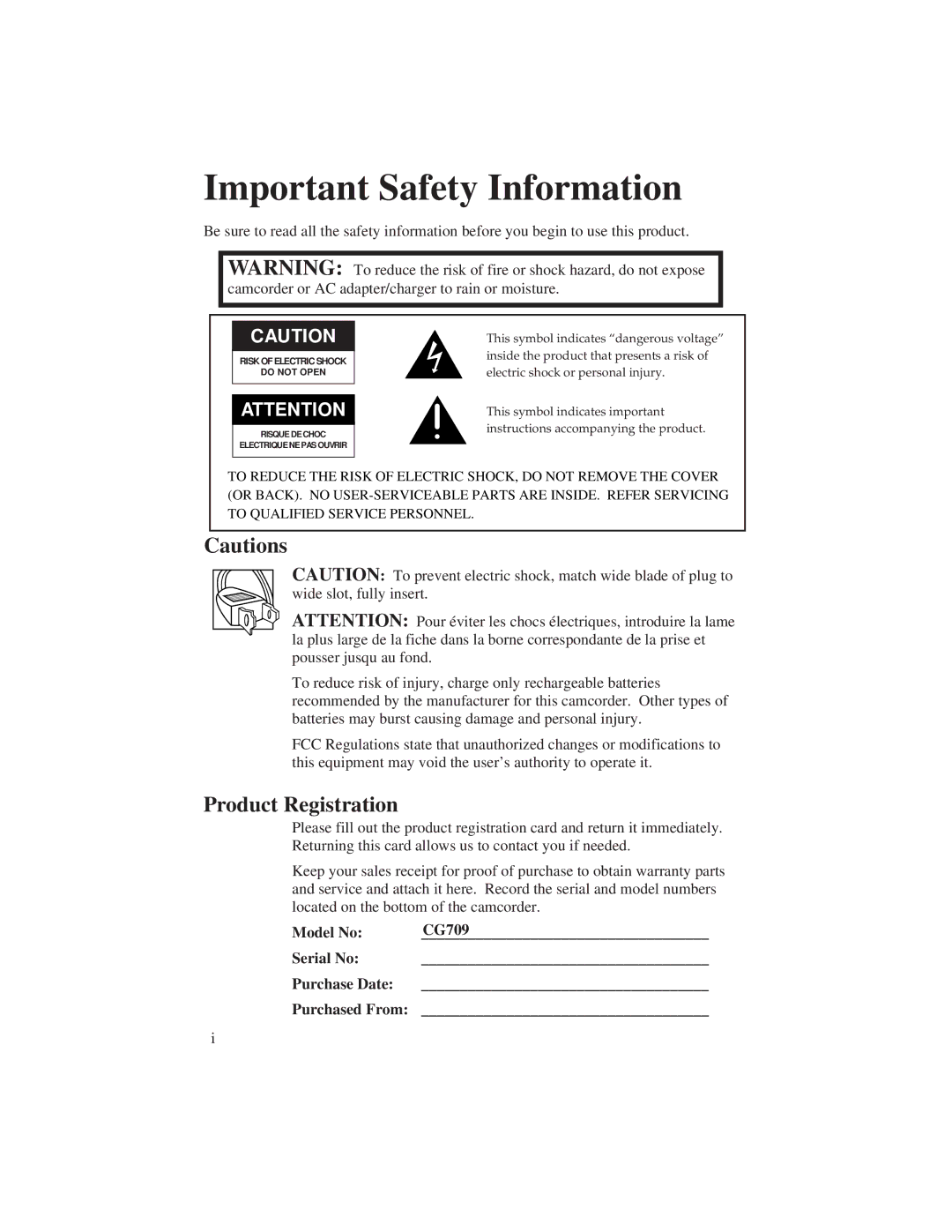 GE manual Product Registration, Model No CG709 Serial No Purchase Date Purchased From 