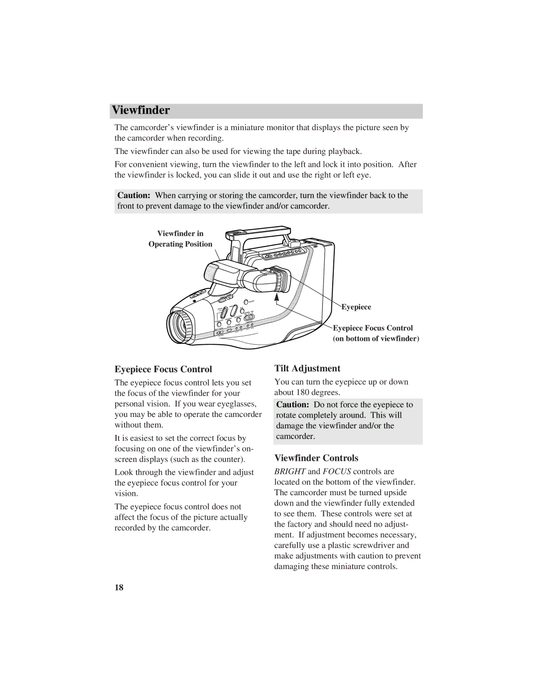 GE CG709 manual Eyepiece Focus Control, Tilt Adjustment, Viewfinder Controls 