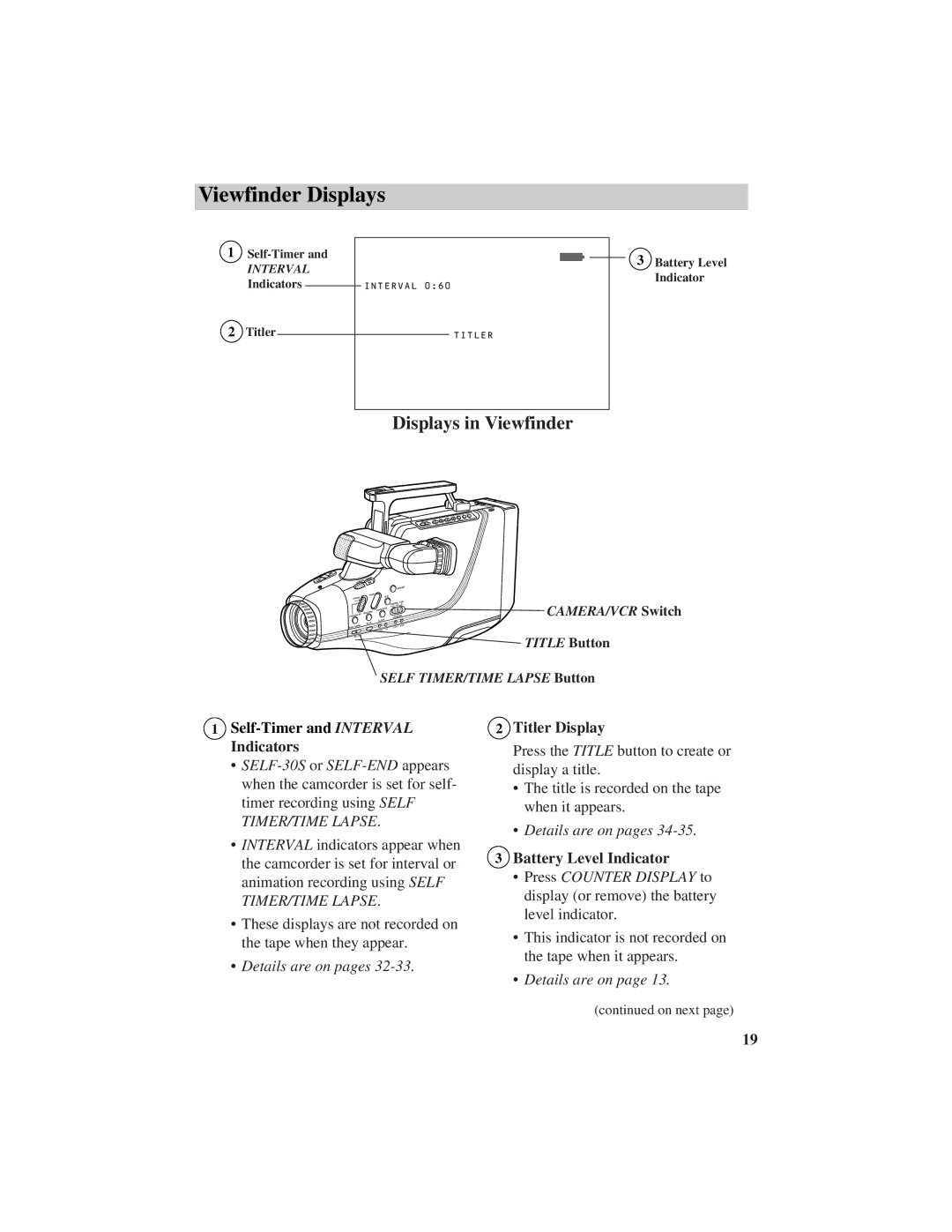 GE CG709 manual Viewfinder Displays, Displays in Viewfinder, Titler Display, Battery Level Indicator 