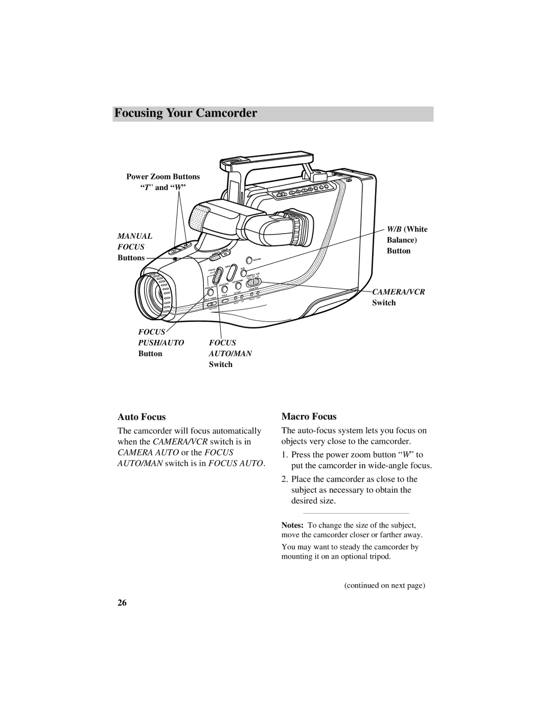 GE CG709 manual Focusing Your Camcorder, Auto Focus 