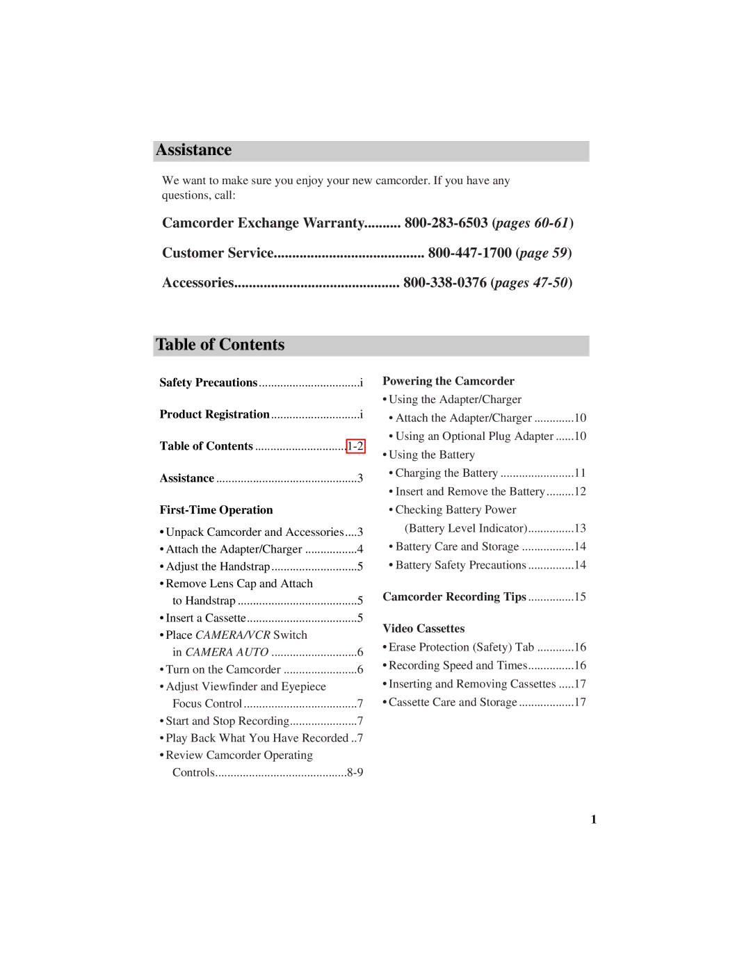 GE CG709 manual Assistance, Table of Contents 