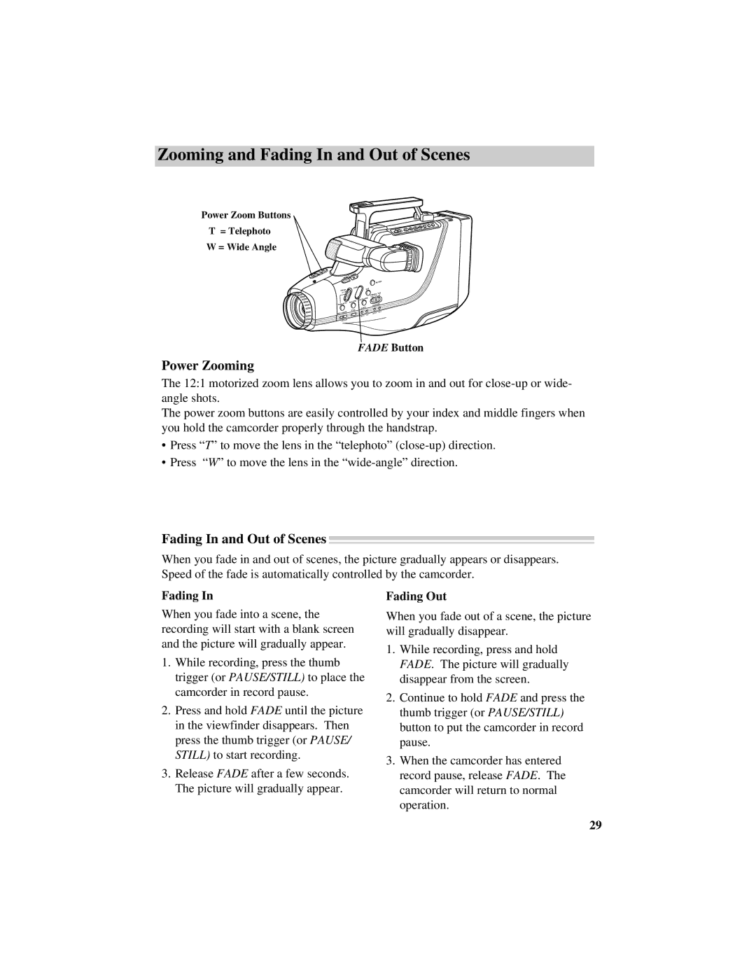 GE CG709 manual Zooming and Fading In and Out of Scenes, Power Zooming, Fading Out 