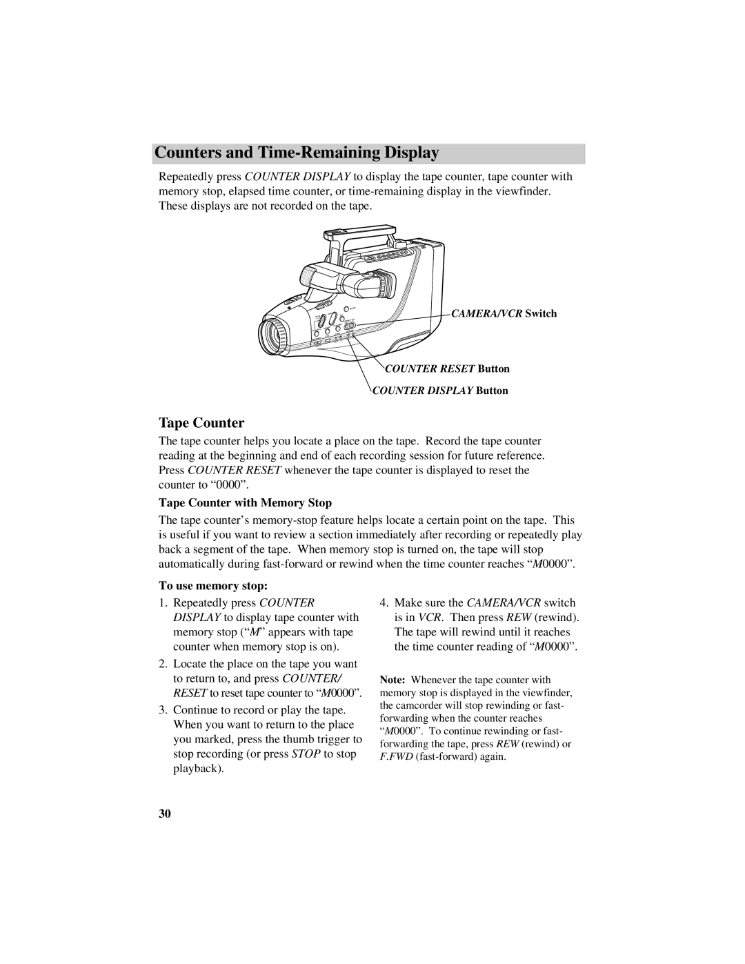 GE CG709 manual Counters and Time-Remaining Display, Tape Counter with Memory Stop, To use memory stop 