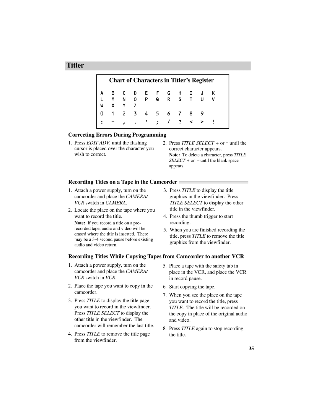 GE CG709 manual Chart of Characters in Titler’s Register, Correcting Errors During Programming 