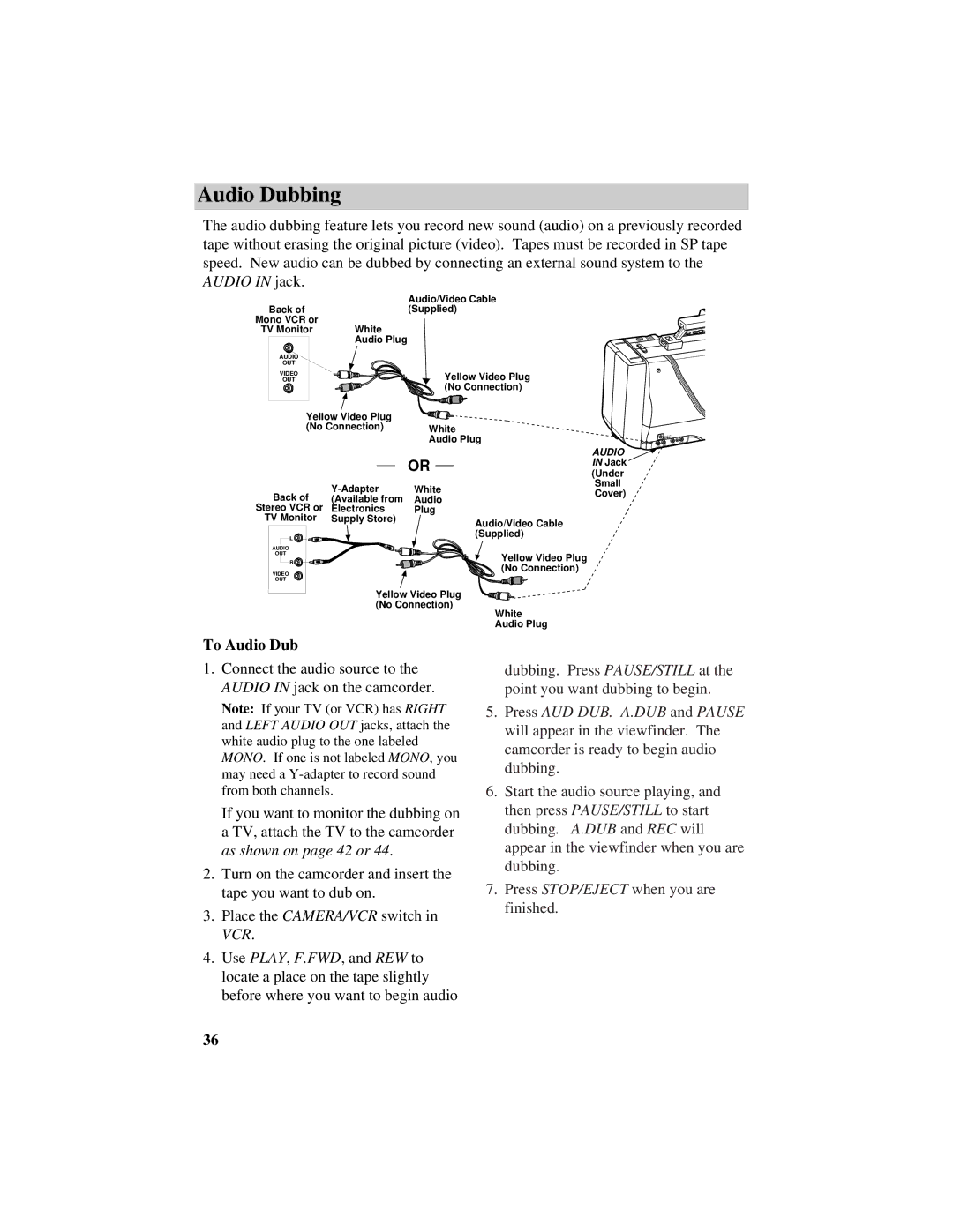 GE CG709 manual Audio Dubbing, To Audio Dub 