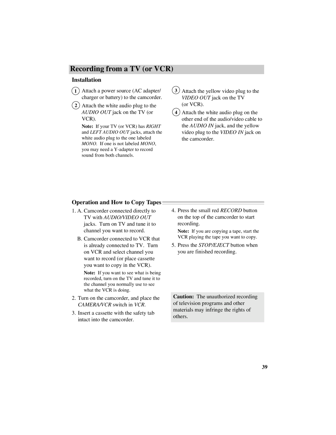 GE CG709 manual Installation, Operation and How to Copy Tapes 