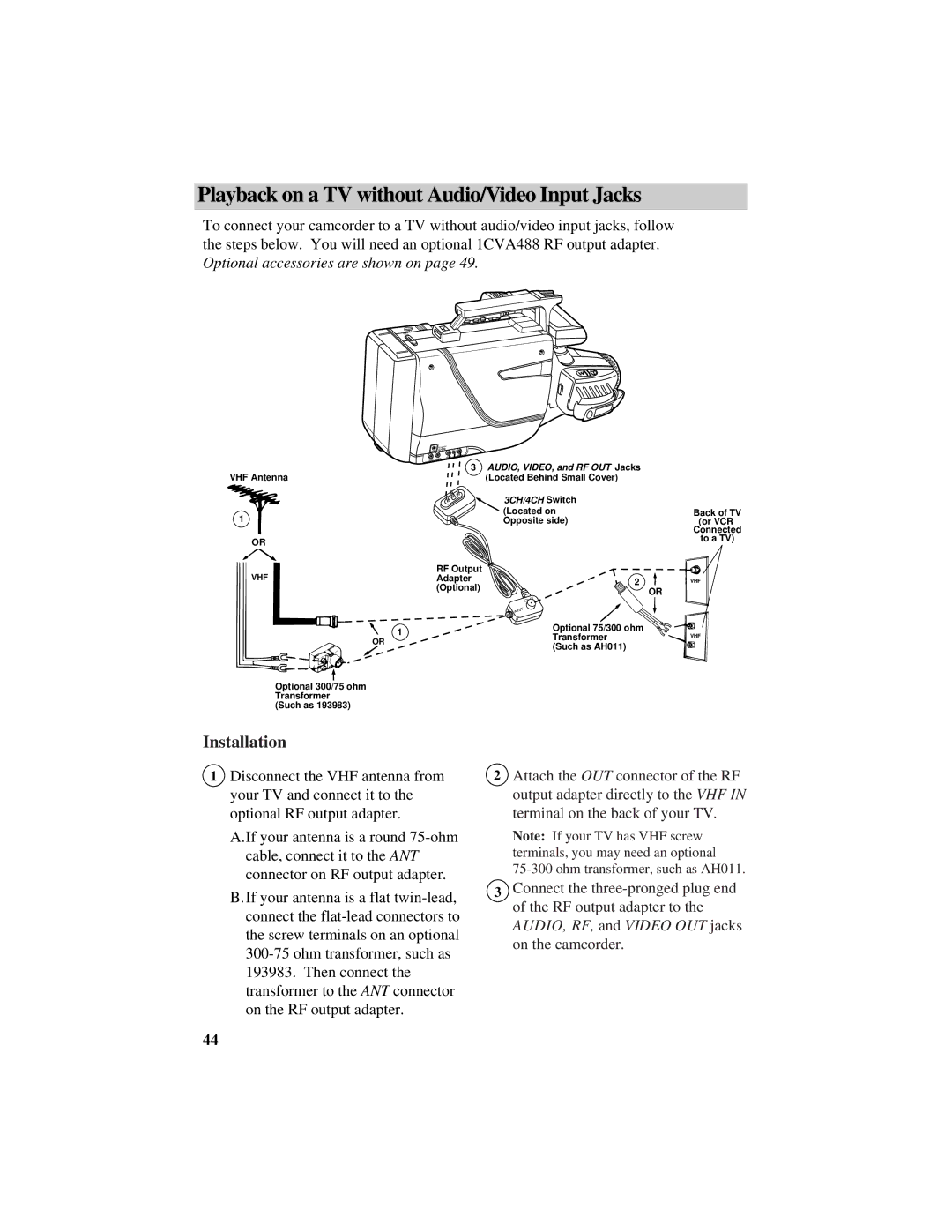 GE CG709 manual Playback on a TV without Audio/Video Input Jacks, 3CH/4CH Switch 