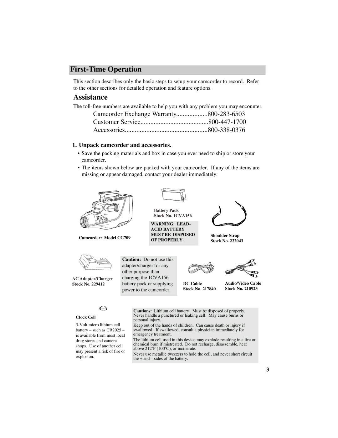 GE CG709 manual First-Time Operation, Unpack camcorder and accessories 