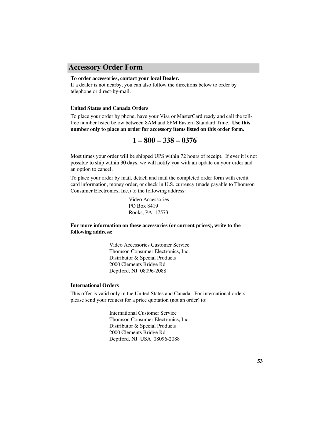 GE CG709 manual 800 338, United States and Canada Orders, International Orders 