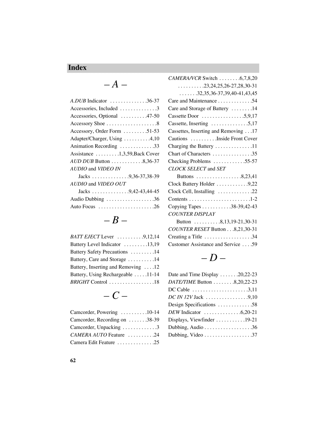 GE CG709 manual Index, Audio and Video OUT 