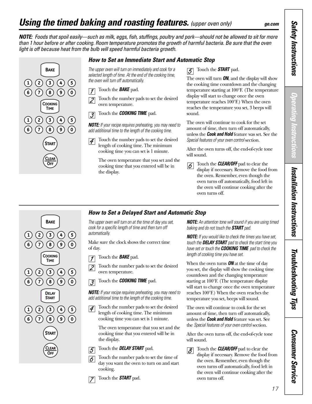 GE CGS980 Instructions Troubleshooting Tips Consumer Service, How to Set an Immediate Start and Automatic Stop 