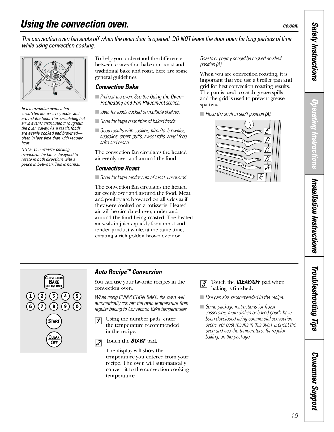 GE CGS980 installation instructions Using the convection oven, Convection Bake, Convection Roast, Auto Recipe Conversion 