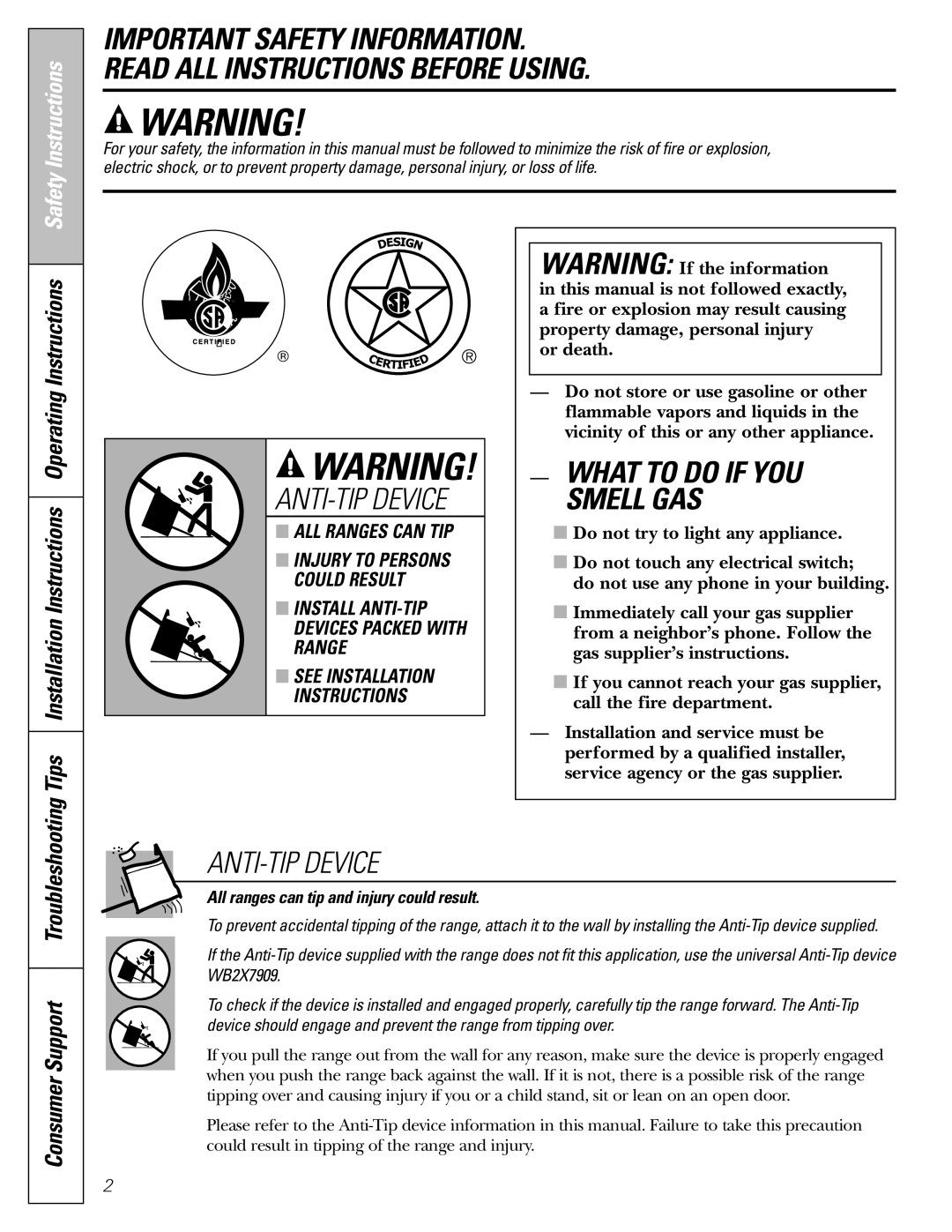 GE CGS980 installation instructions Consumer Support Troubleshooting, All ranges can tip and injury could result 