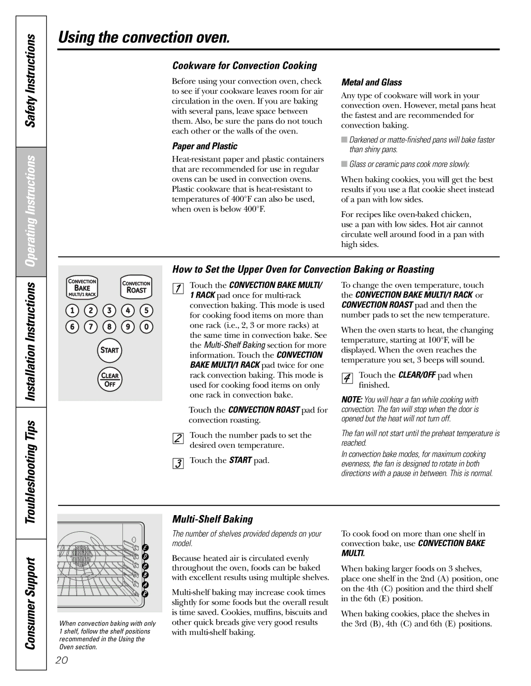 GE CGS980 installation instructions Multi-Shelf Baking, Cookware for Convection Cooking, Paper and Plastic, Metal and Glass 