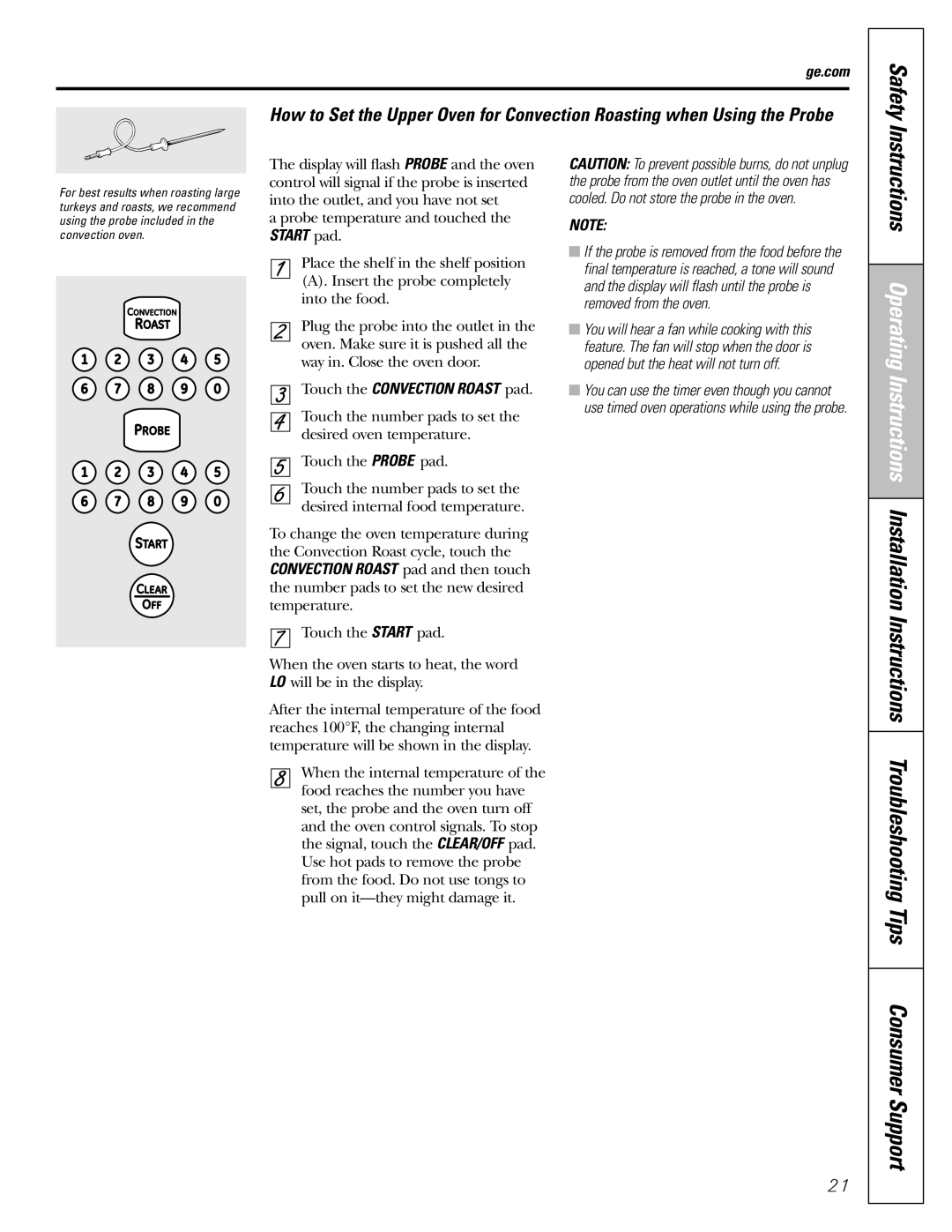 GE CGS980 installation instructions Ge.com, Touch the Convection Roast pad 