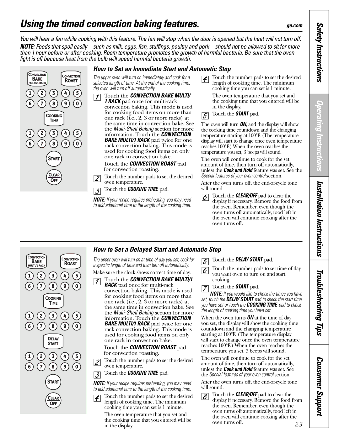 GE CGS980 installation instructions Using the timed convection baking features, Troubleshooting Tips Consumer Support 