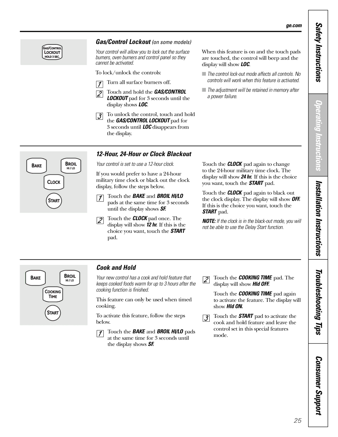 GE CGS980 Cook and Hold, Gas/Control Lockout on some models, Hour, 24-Hour or Clock Blackout, Ge.com Safety 