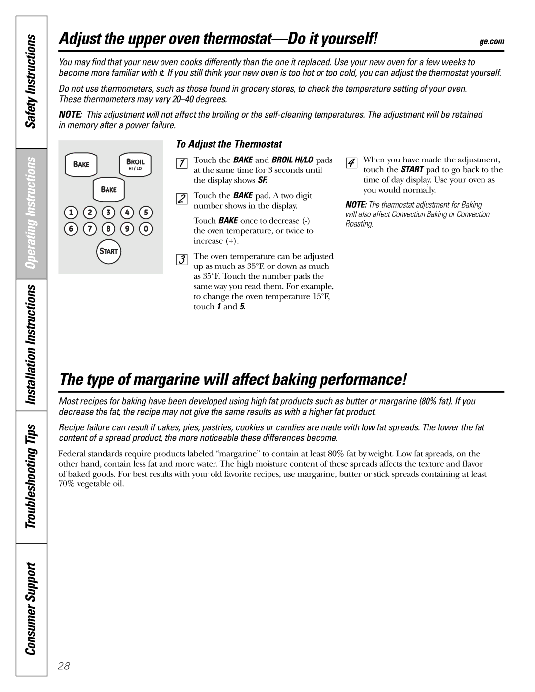 GE CGS980 Adjust the upper oven thermostat-Do it yourself, Type of margarine will affect baking performance 