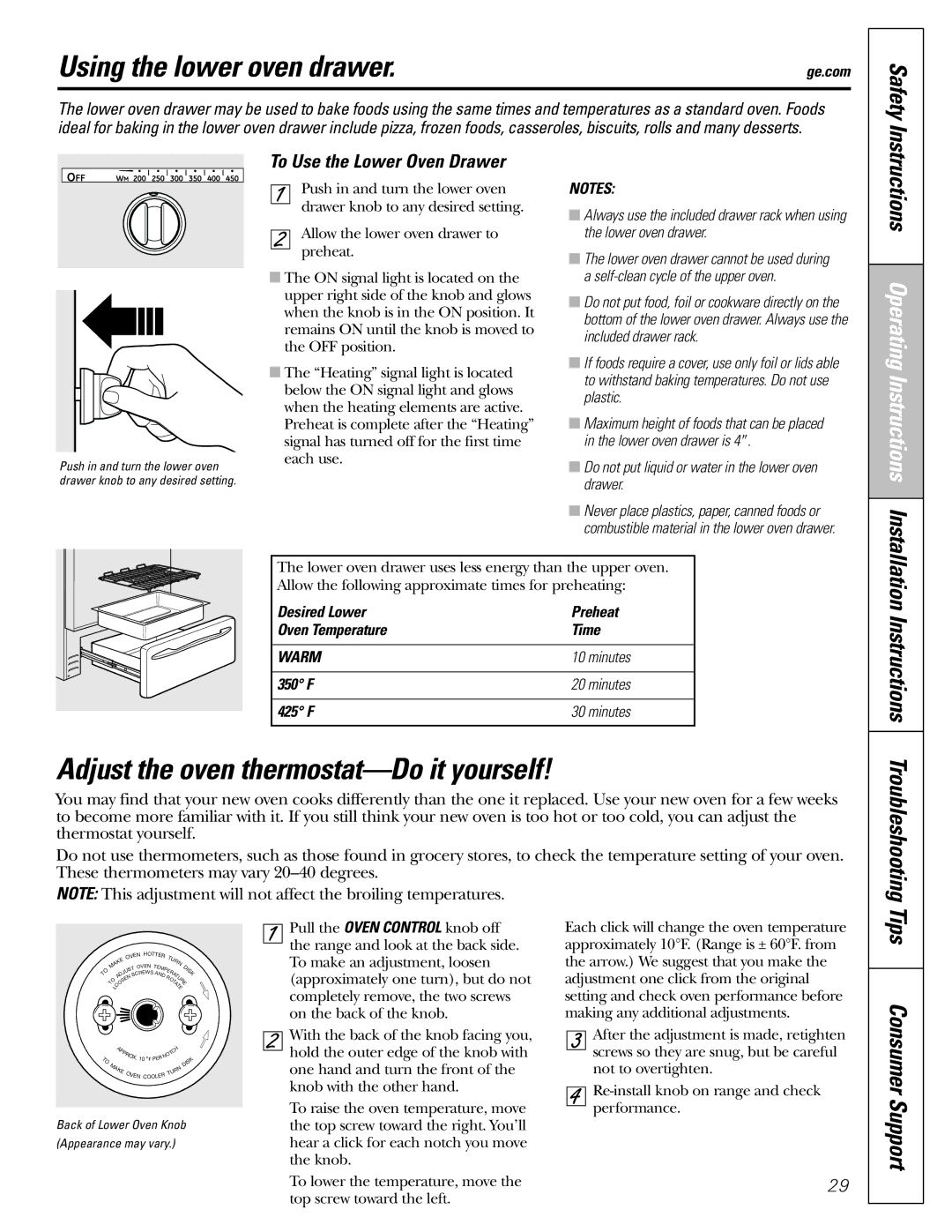 GE CGS980 Using the lower oven drawer, Adjust the oven thermostat-Do it yourself, Instructions Troubleshooting 